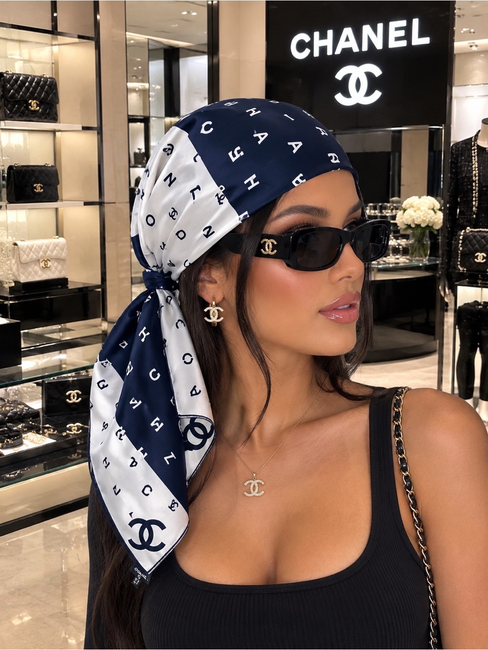 Chanel Two-Tone Navy and Cream Scarf